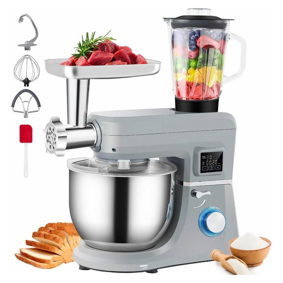 5 IN 1 Stand Mixer; 660W Tilt-Head Multifunctional Electric Mixer with 6 Speeds LCD Screen Timing; 7.4 Qt Stainless Bowl; Dough Hook