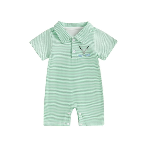 Qmyliery Baby Boys Summer Striped Jumpsuit Short Sleeve Turn Down Collar Button Up Golf Shaft Embroidery Romper 3 6 12 18 Months