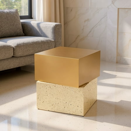 Cinza Side Table Gold & Beige End Table, Modern Style, Electroplated Iron square shape tabletop, Iron, Indoor Living