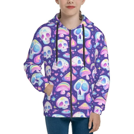 

Hoodies for Women Skull mushroom colorful Long Sleeve Sweatshirt Drawstring Zip Up Hoodie with Pockets Teen Girl Clothes