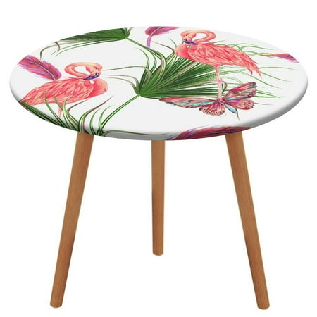 

Bybiment Round Fitted Tablecloth with Elastic Edge Tropical Bird Pink Flamingo Palm Decorative Tablecloth Table Cover 39 Inch