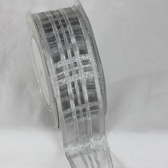 The Ribbon People Silver Colored Plaid Patterned French Wired Craft Ribbon 1.5" x 25 Yards