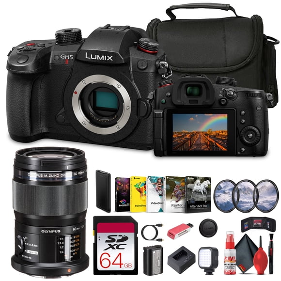 Panasonic Lumix GH5 II Mirrorless Four Thirds Camera with Added Olympus 12-60mm Lens + 64 GB Memory Card + P-Bank Battery + Carry Case + Cleaning Kit + Art Studio Software + More