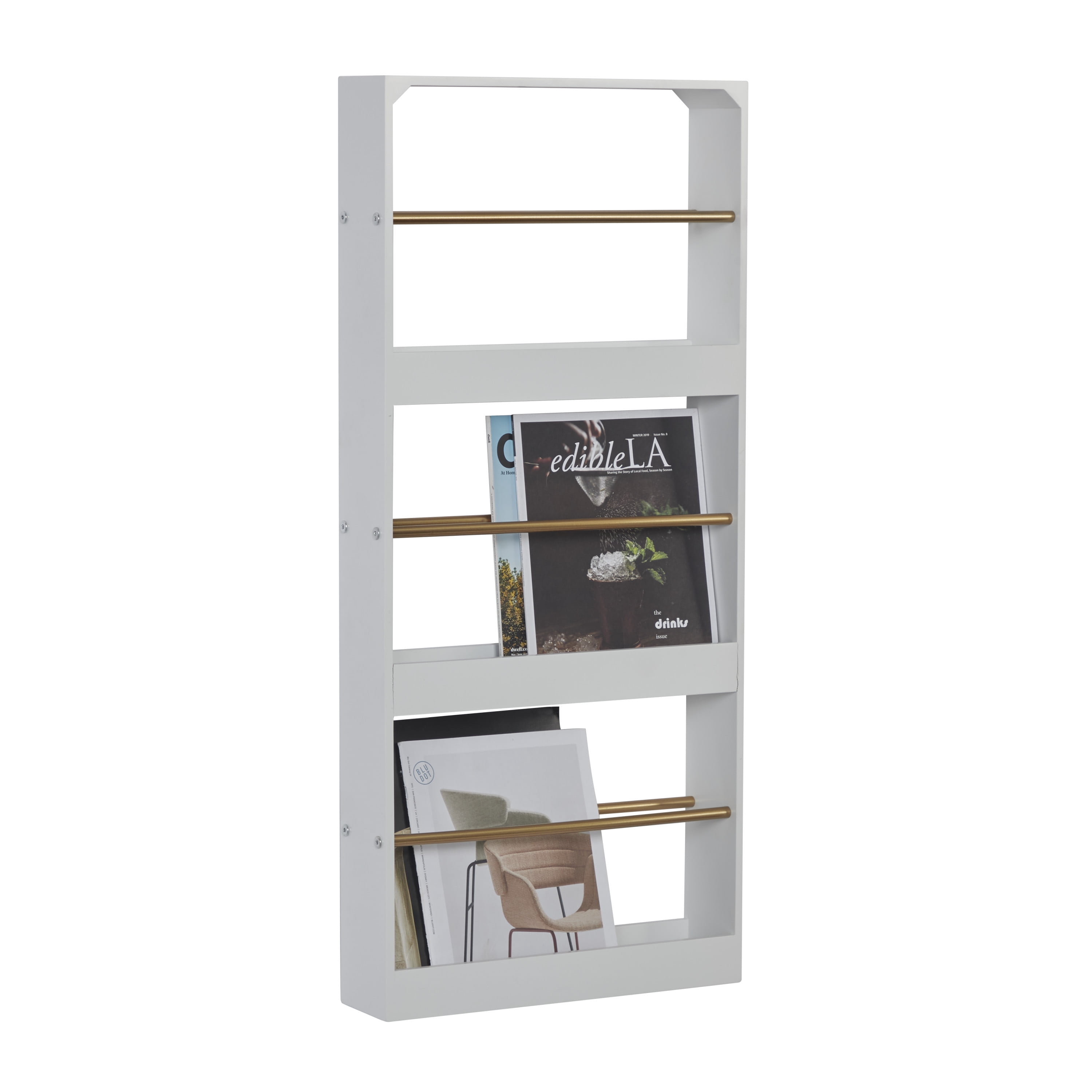 Decmode 46296 3 Tier Wood and Metal Wall Magazine Rack with White