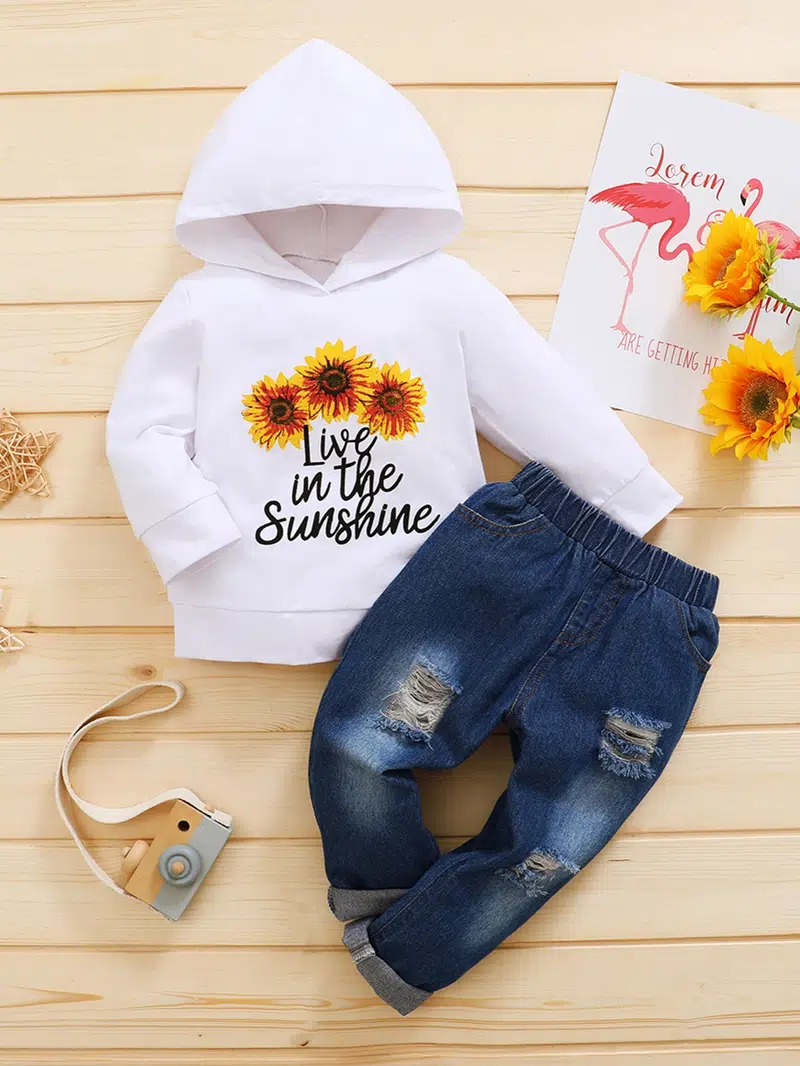 Baby Girls Hoodie Floral Print Hooded Long Sleeve Sweatshirt & Jeans