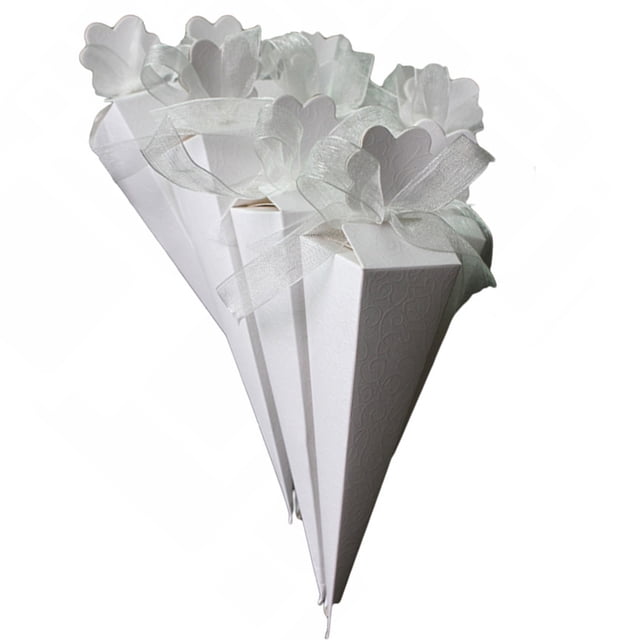 KAKOWELY 50pcs White Ice Cream Cone Shape Wedding Candy Box Triangle Design Chocolate Storage Case Delicate Treat Box Party Favor Paper Packing Gift Box with Chiffon Ribbon,6.1"X1.57"X1.57"