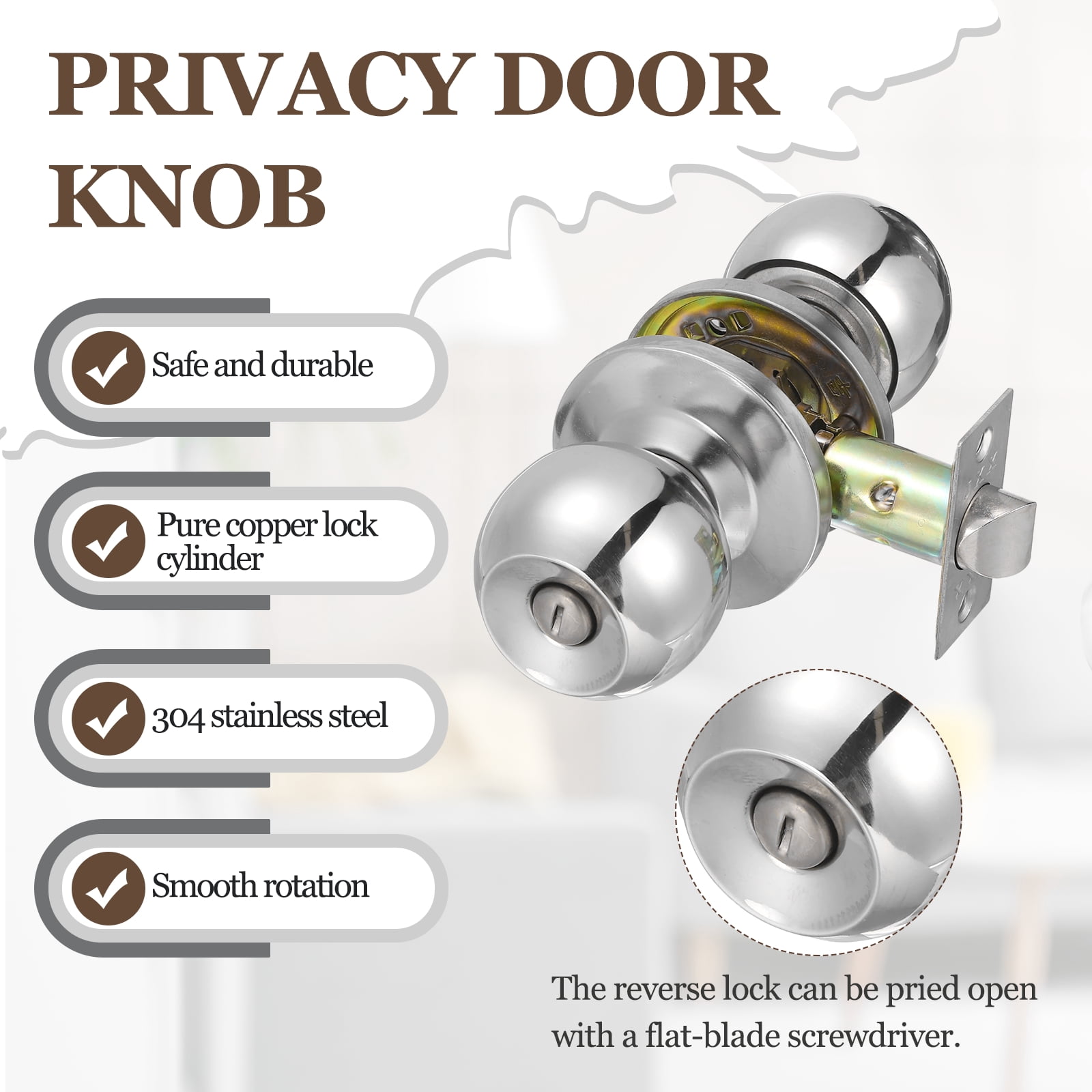2 Pack Privacy Door Knob, Round Interior Door Handles Keyless Turn Lock Doorknob with Screws Fits 0.98"-1.77" Thickness for Bedroom, Bathroom Closets, Silver Tone