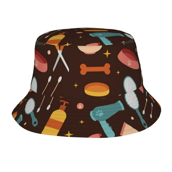 TEQUAN Foldable Polyester Adult Bucket Hat Hand Drawn Pet Grooming Prints Sun Beach Fishing Outdoor Cap Unisex