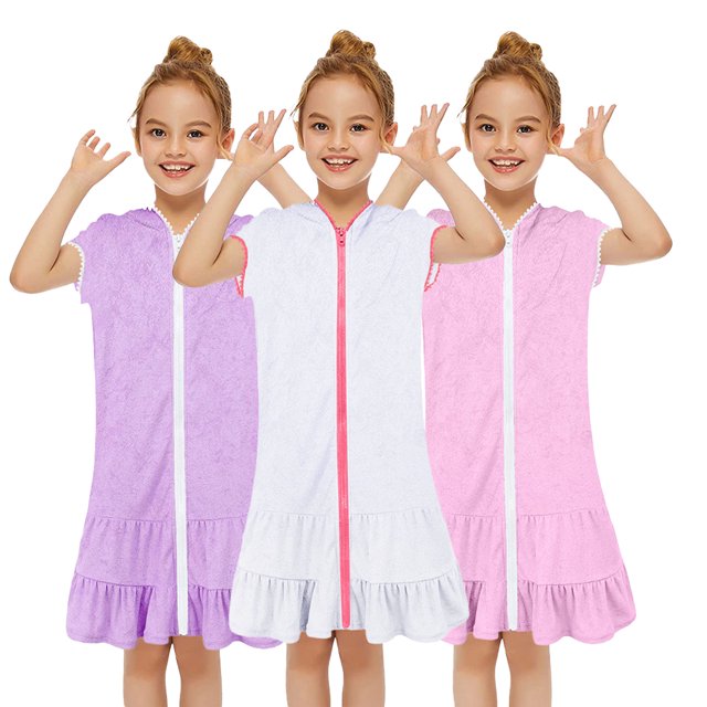 KYAIGUO Robe Fille 3-10T à Capuche à Fermeture Éclair Cache-Maillots Robes Bain Plage Jupe à Volants en Coton Été Manches Courtes Cache-Maillot pour Enfants Tout-Petit
