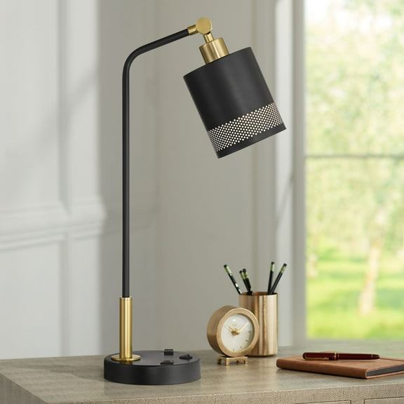 Possini Euro Design Keller 24" High Small Modern Desk Lamp USB Port AC Power Outlet Black Brass Finish Metal Home Office Charging