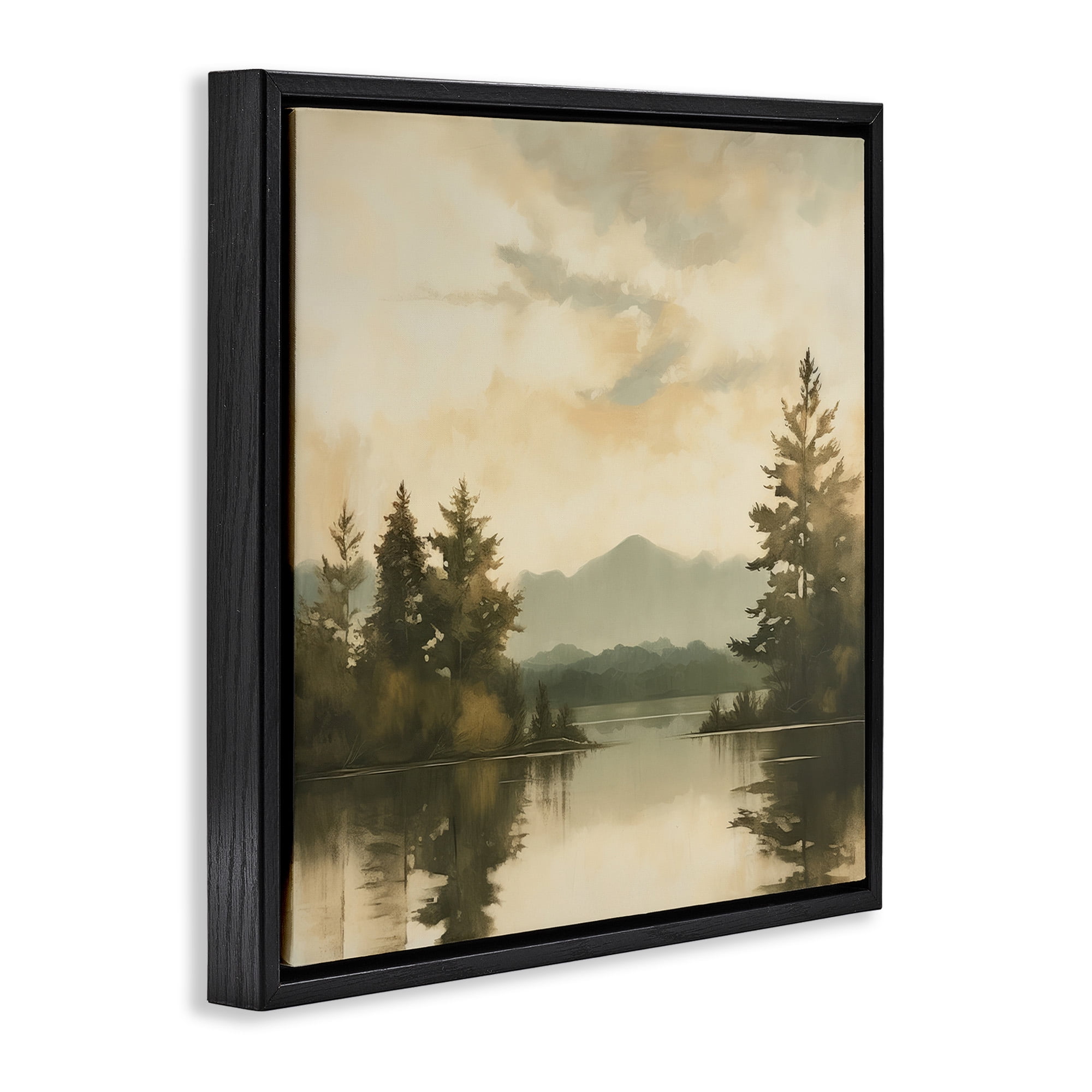 Stupell Industries Soft Beige Mountain Scenery Landscape Painting Black Floater Framed Canvas Art Print Wall Art, 18 x 18