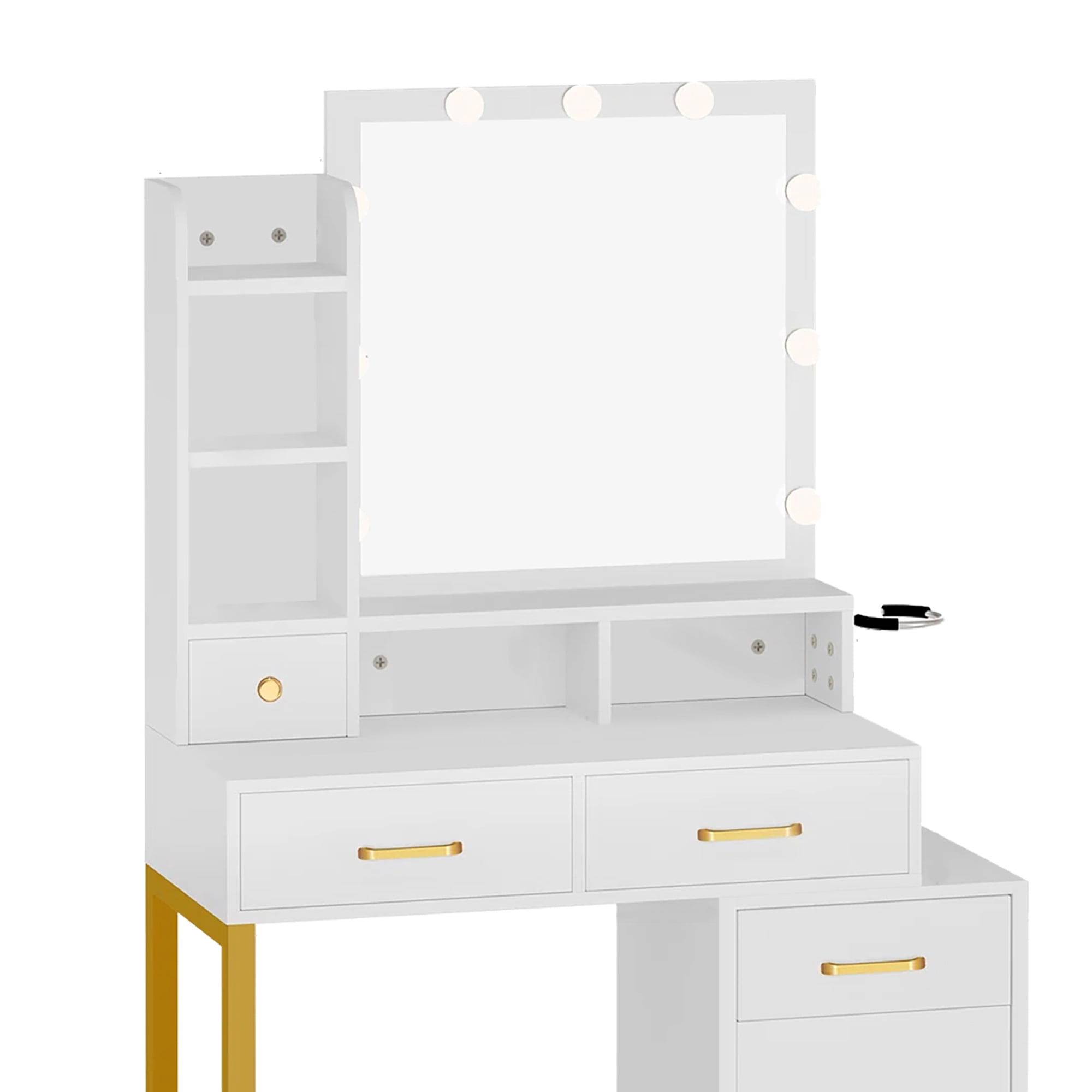 Uforic Vanity Mirror with Lights and Table Set, 3 Color Adjustable Lighting Brightness & Power Outlet, Hair Dryer Rack, White
