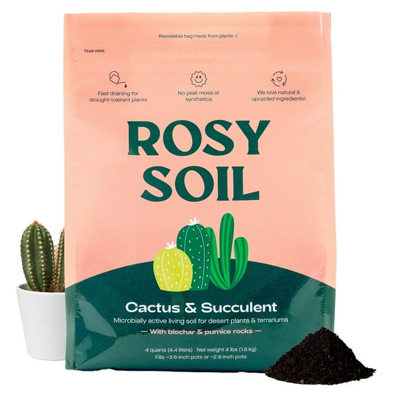 Rosy Soil Cactus & Succulent Potting Mix with Biochar, Pumice, and Microbes, 4qt