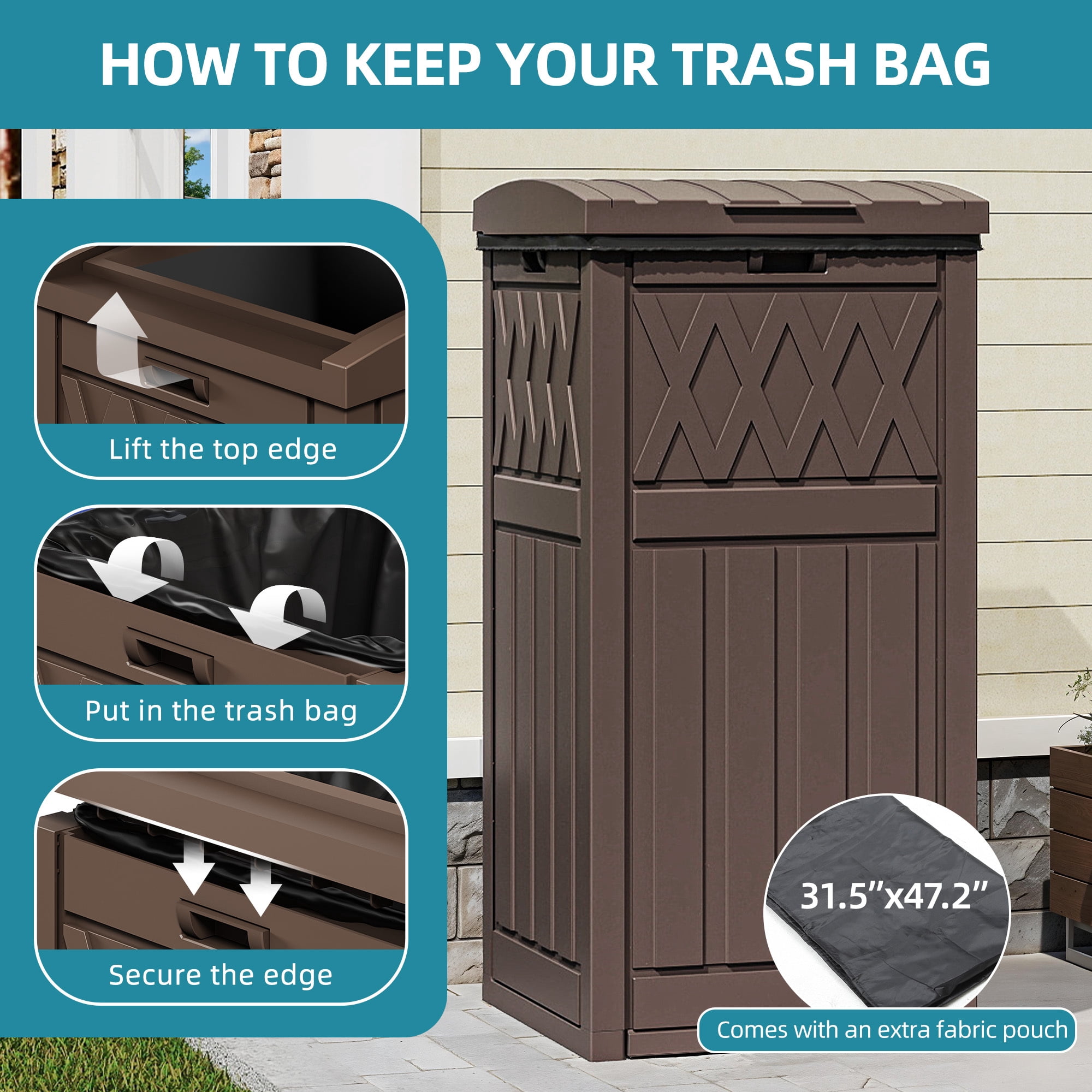 Uforic 32 Gallon Outdoor Trash Can, Waterproof Resin Garbage Bin with Lid & Drip Tray for Porch Backyard Patio, Dark Brown