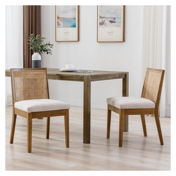 Rattan Dining Chairs Set of 2, Farmhouse Oak Wood Kitchen Chairs with Cane Back