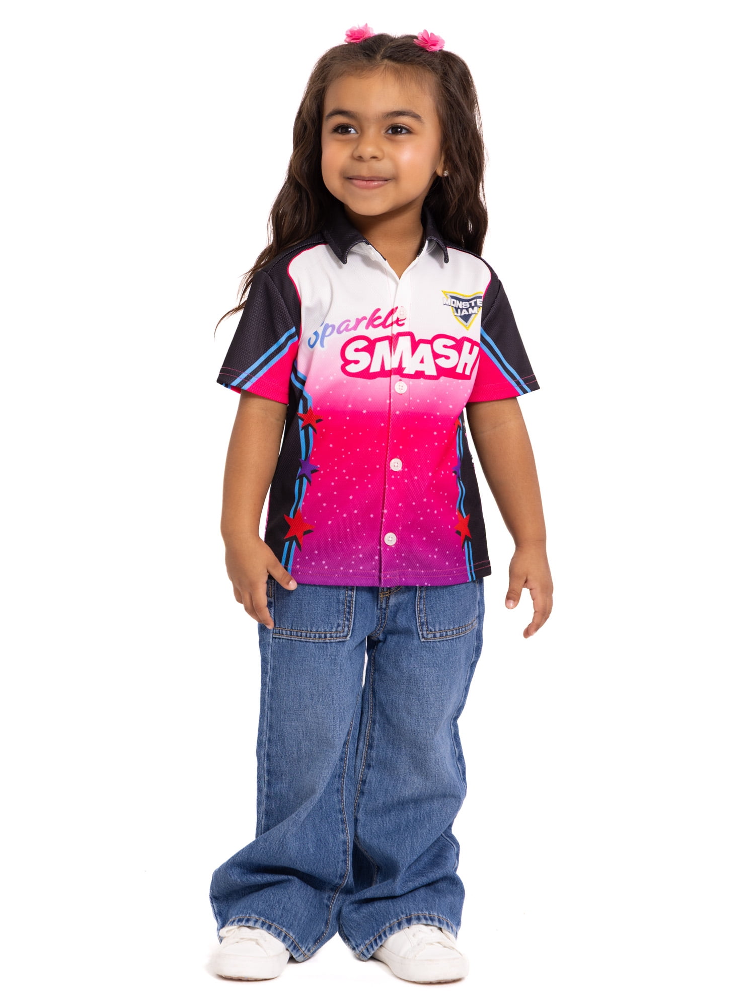 Monster Jam Sparkle Smash Toddler Boys Button Front Shirt with Short Sleeves, Sizes 12M-5T