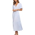 thumbnail image 3 of Frontwalk Women Sundress Solid Color Summer Midi Dress Short Sleeve Swing Dresses Party Kaftan V Neck Light Blue S, 3 of 5