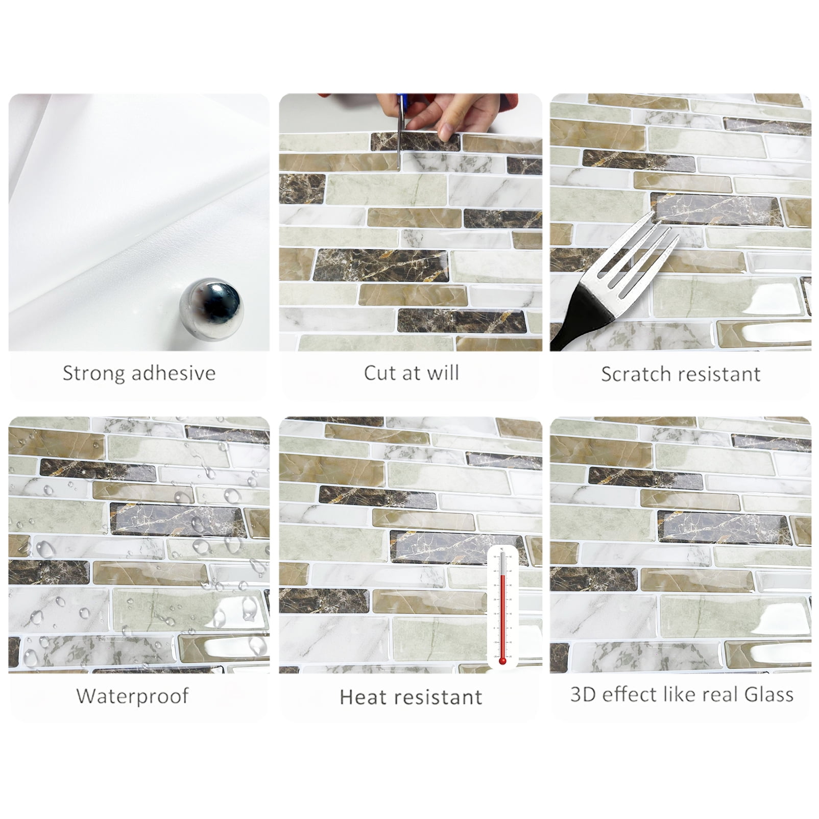 DEWOO 10-Sheet Peel and Stick Kitchen Backsplash Tiles, 12"x12" Self-Adhesive Marble Multicolor Wall Tiles for Kitchen and Bathroom(Brown Marble)