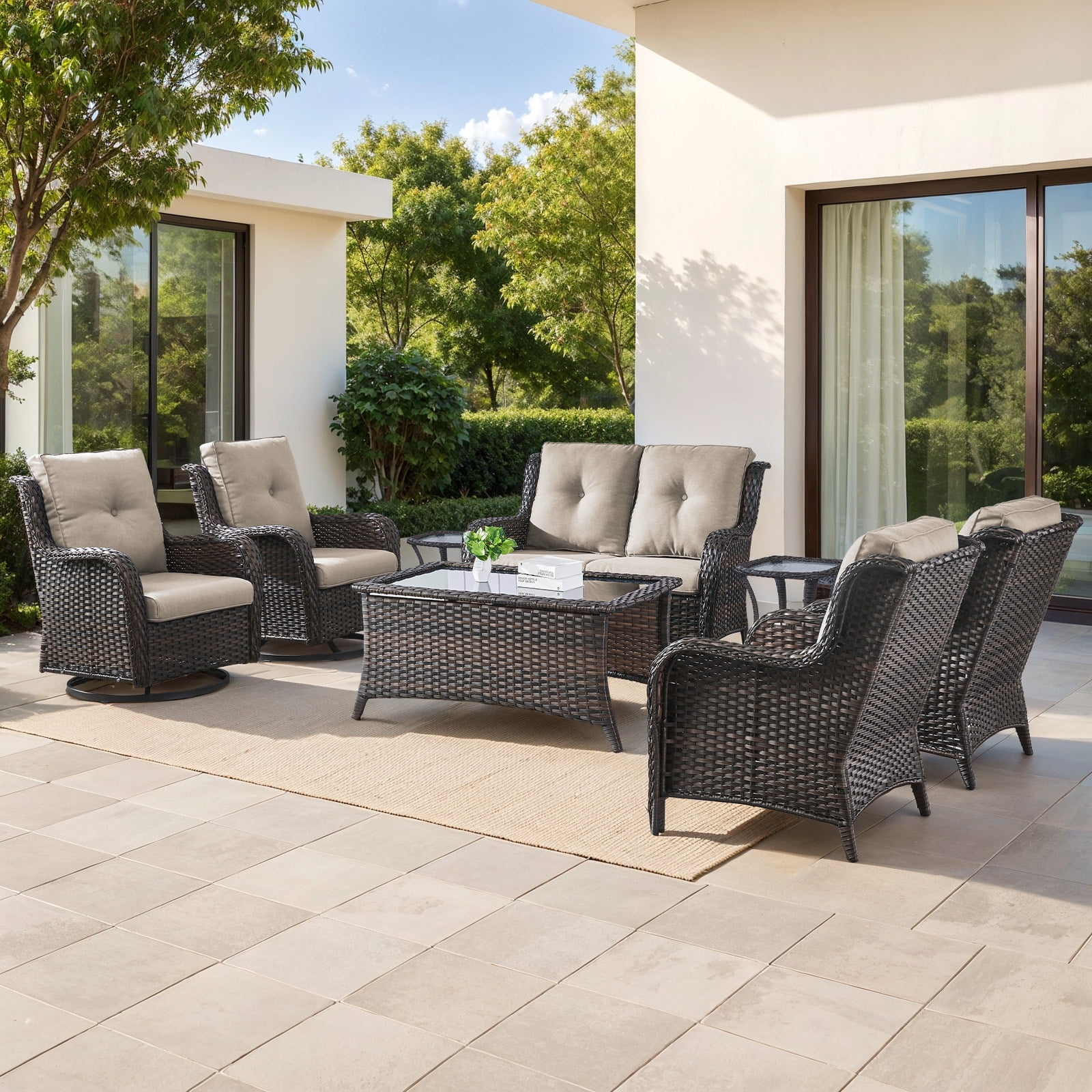 Bellefurn 8 Pieces Patio Furniture Sets with Swivel Rocking Chairs,High-Back Rattan Patio Outdoor Conversation Set with 2-Seat Sofa & Coffee Table for Porch Deck Backyard Poolside