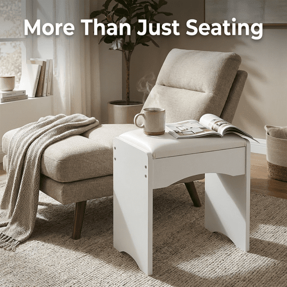 Vanity Stool for Makeup Desk, White Cushioned Dressing Table Chair, Backless Bedroom Stool, Modern Armless Seat