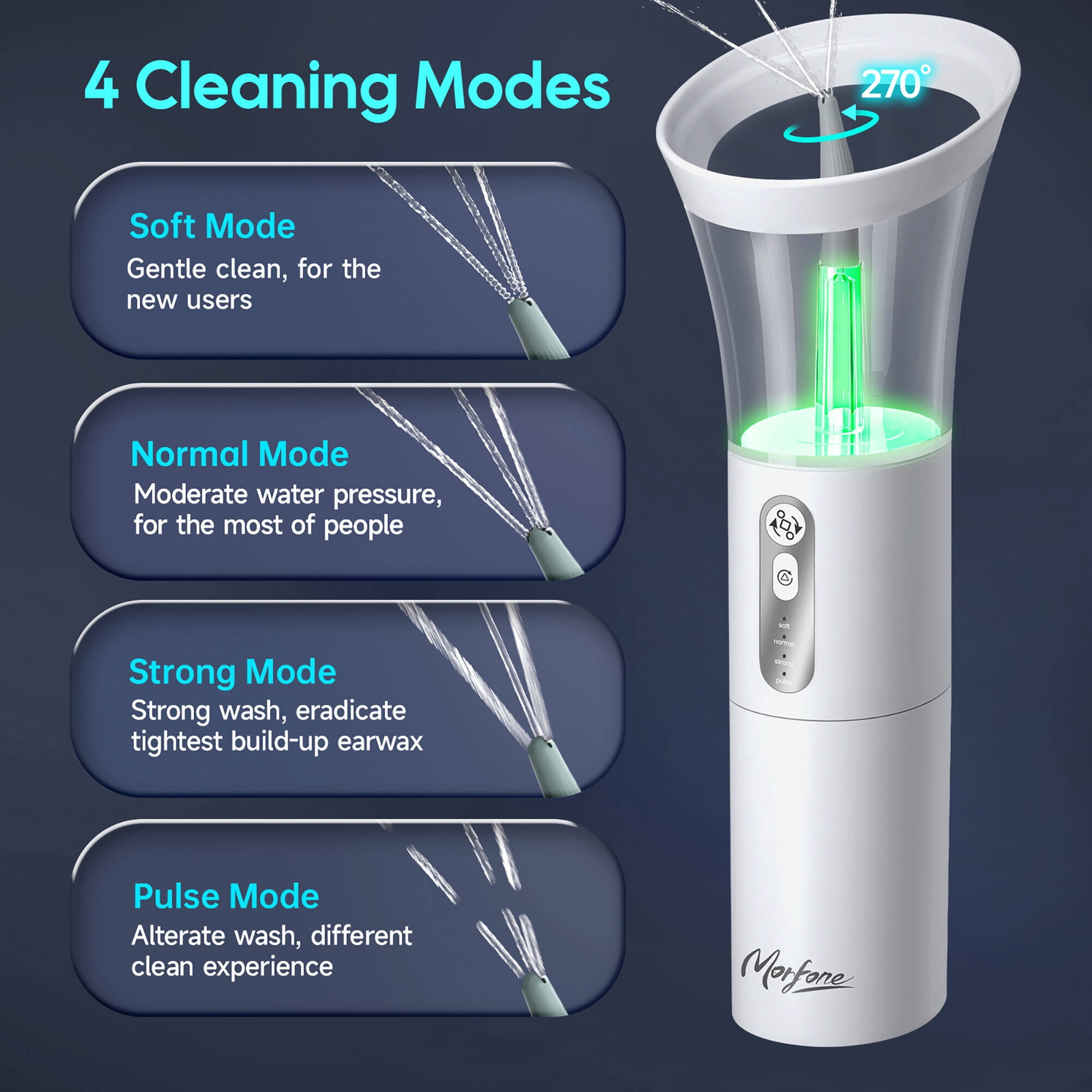 Morfone Ear Wax Removal with One-Piece Waste Tank, Ear Cleaner with Water Temperature Sensor, 4 Pressure Settings, Ear Cleaning Kit for Ear Wax Buildup & USB-C Cable, IPX6, White