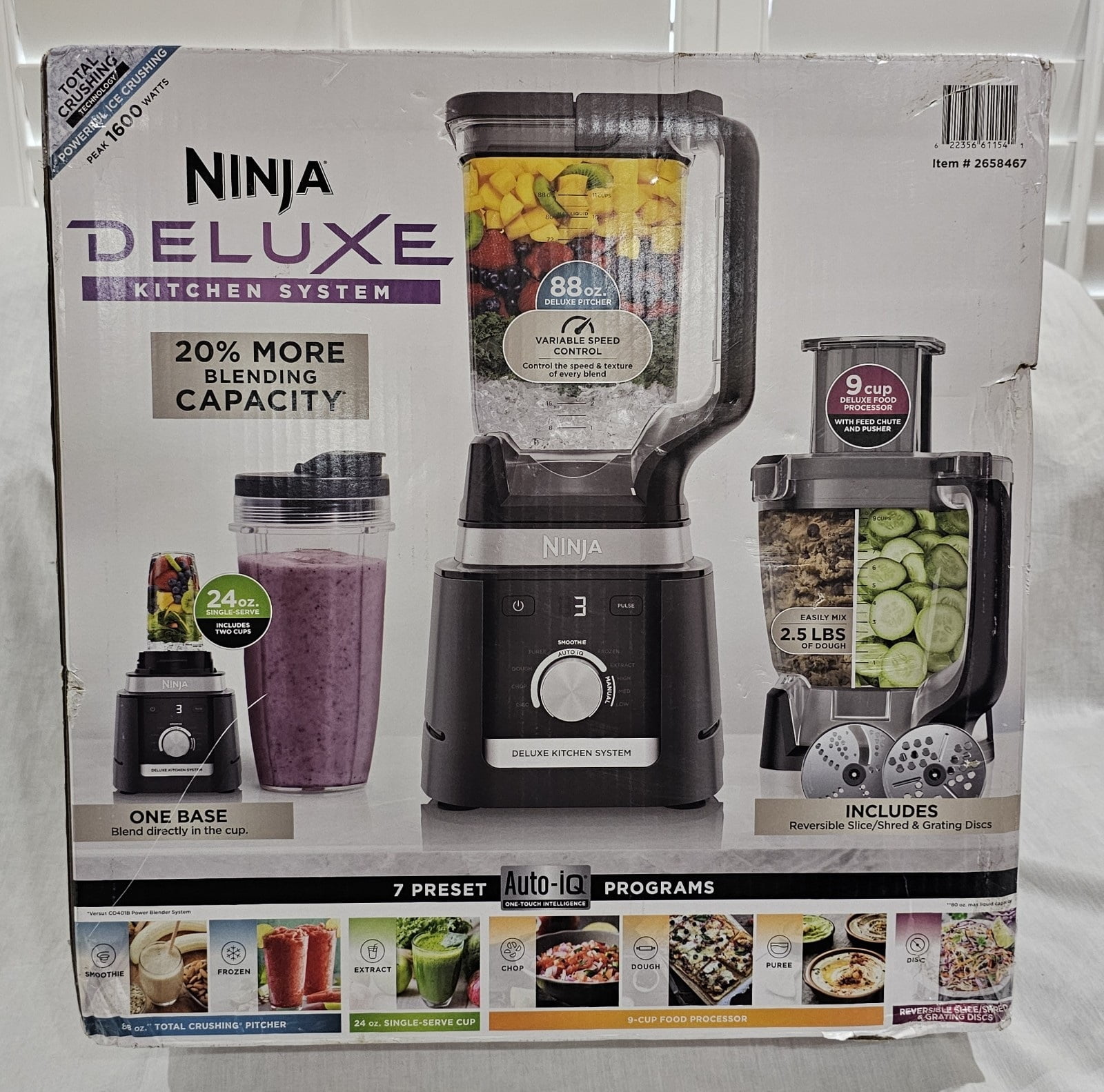 Restored Ninja CO905KS Deluxe Kitchen System, 1600 WP Auto-IQ Base, 88-oz. Picther, 9-cup Deluxe Food Processor, (2) 24-oz. Single-Serve Cups (Refurbished)