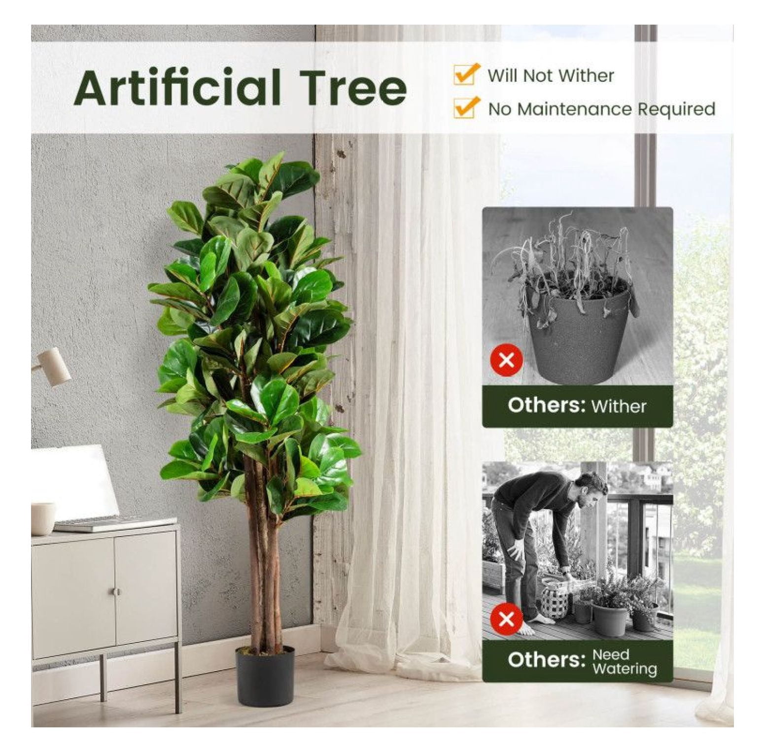 5ft Artificial Fiddle Leaf Fig Tree, Decorative Indoor Plant, Realistic Greenery, Home & Office Decor, Plastic Planter with Moss, 180 Leaves