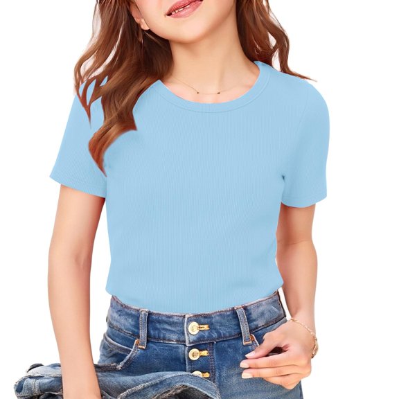 Resicozy Girls Shirts Cute Basic Tees Summer Ribbed Top Teens Short Sleeve Vacation T-Shirt for Kids 5-13 Years Light Blue 160