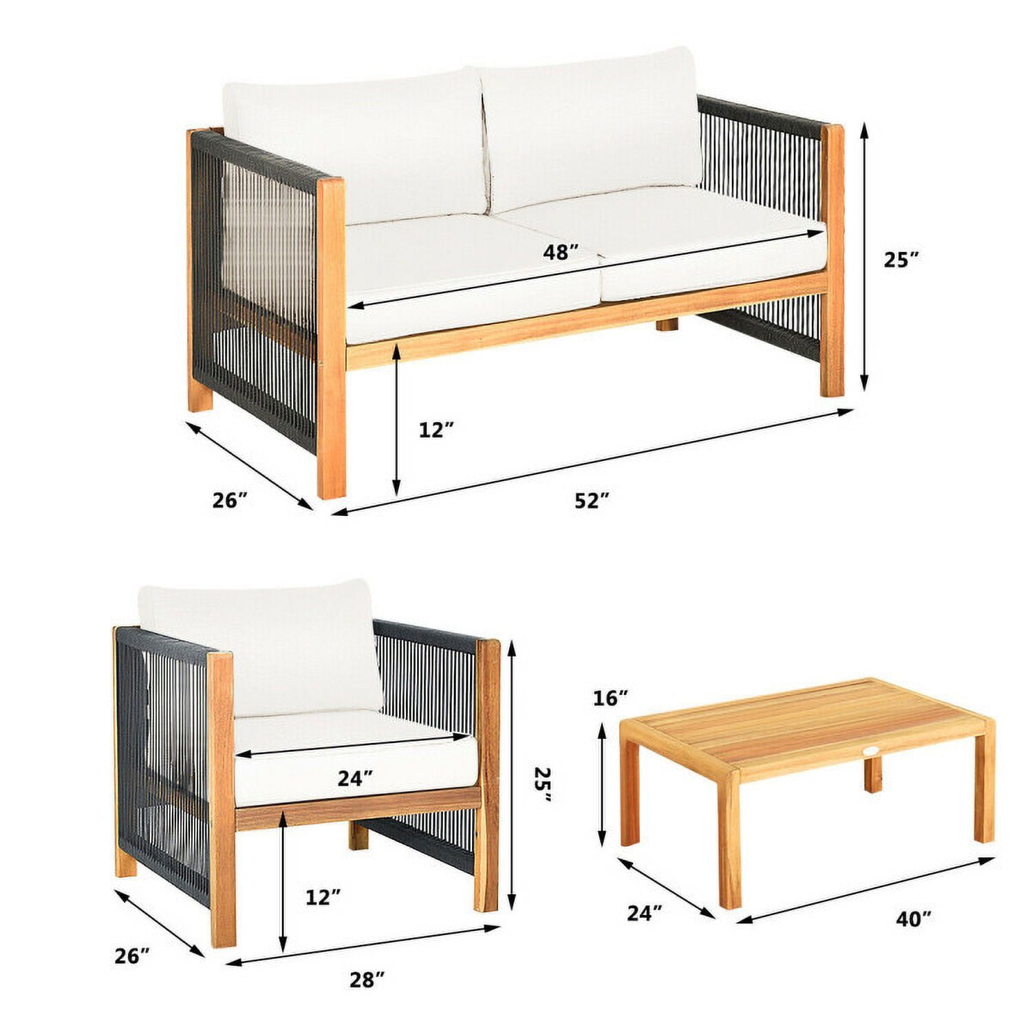 Aimee Lii 4 Pieces Acacia Wood Outdoor Patio Furniture Set with Cushions, Wooden Patio Furniture Set, White Aimee Lii 4 Pieces Acacia Wood Outdoor Patio Furniture Set with Cushions, Wooden Patio Furniture Set, White