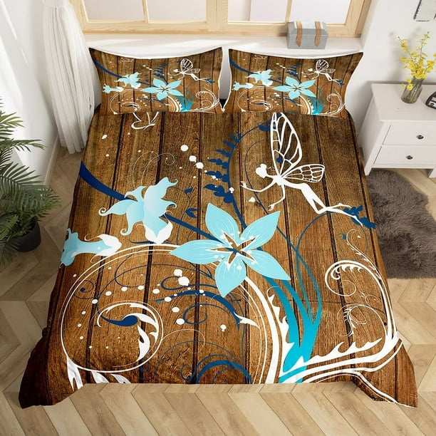 Brown Wooden Floor Style Duvet Cover Set King Size Plant Flower Lines Design Bedding Set for Kids Teen Adult Boys Girls Room Decor Modern Comforter