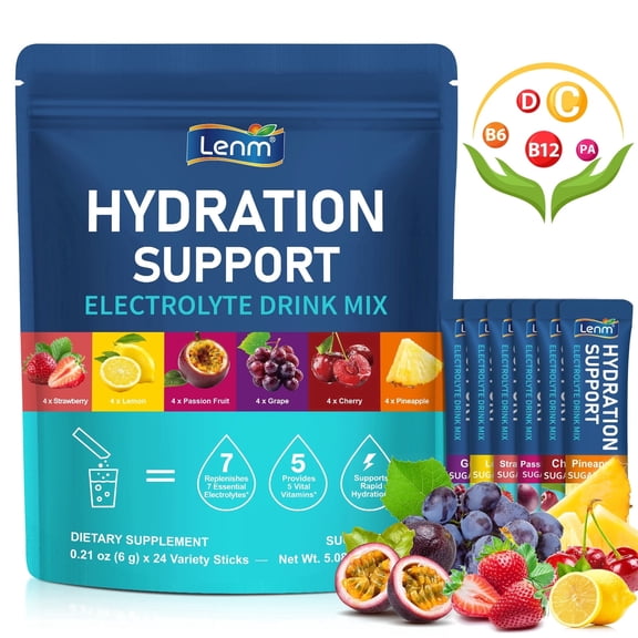 Electrolyte Powder Drink Mix, Zero Sugar Hydration Packets with 7 Electrolytes & 5 Vitamins, Vitamin C and B Complex, 24 Stick Packs/Pack