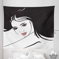 thumbnail image 1 of Women Tapestry, Fashion Female with Make Up Hand Drawn Wavy Hair Style Young Woman Illustration, Fabric Wall Hanging Decor for Bedroom Living Room Dorm, 5 Sizes, Black and White, by Ambesonne, 1 of 1