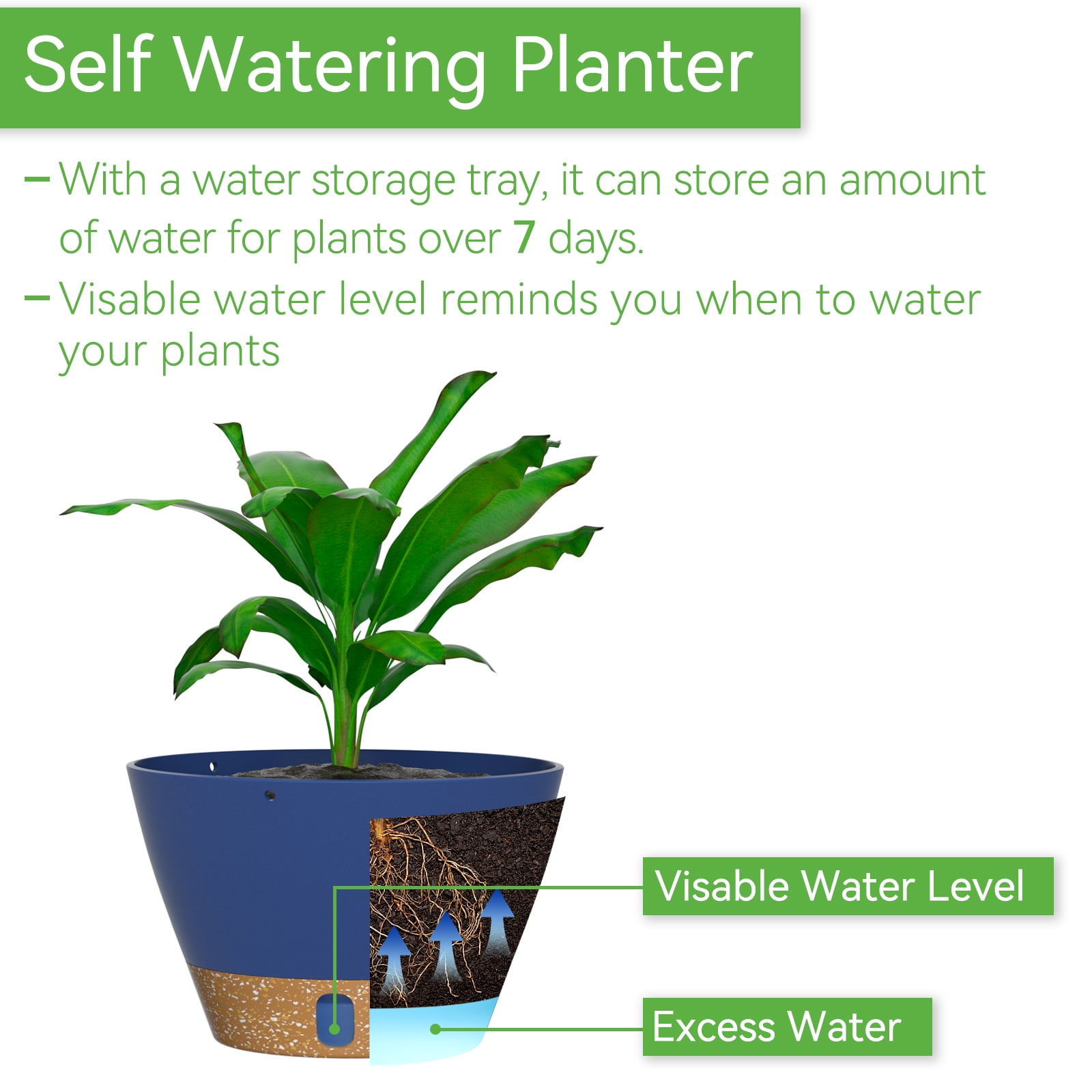 FIASON 2 Pack 10 Inch Blue Self Watering Hanging Planters, Indoor Outdoor Plastic Flower Pots with Visual Water Level Window, Drainage Holes & Chain Hanger for Home Garden Decor