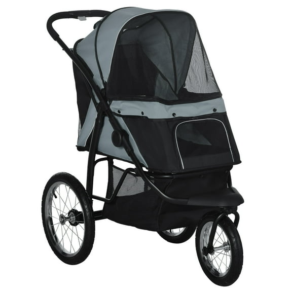 CoSoTower Pet Stroller for Small and Medium Dogs, 3 Big Wheels Foldable Cat Stroller with Adjustable Canopy, Safety Tether, Storage Basket, Gray