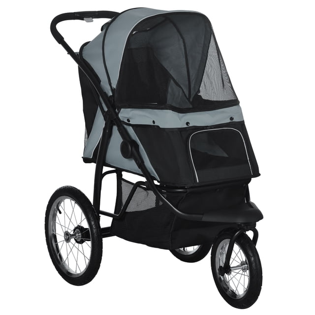 PawHut Poussette pour Animaux, Poussette pour Chien à 3 Grandes Roues, Transporteur Pliable, Noir