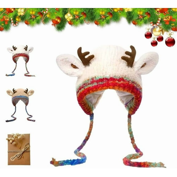 Creative Antler Hat & Bag 2-in-1 – Festive Reindeer Knitted Christmas Beanie, Warm Foldable Hat Handbag Gift