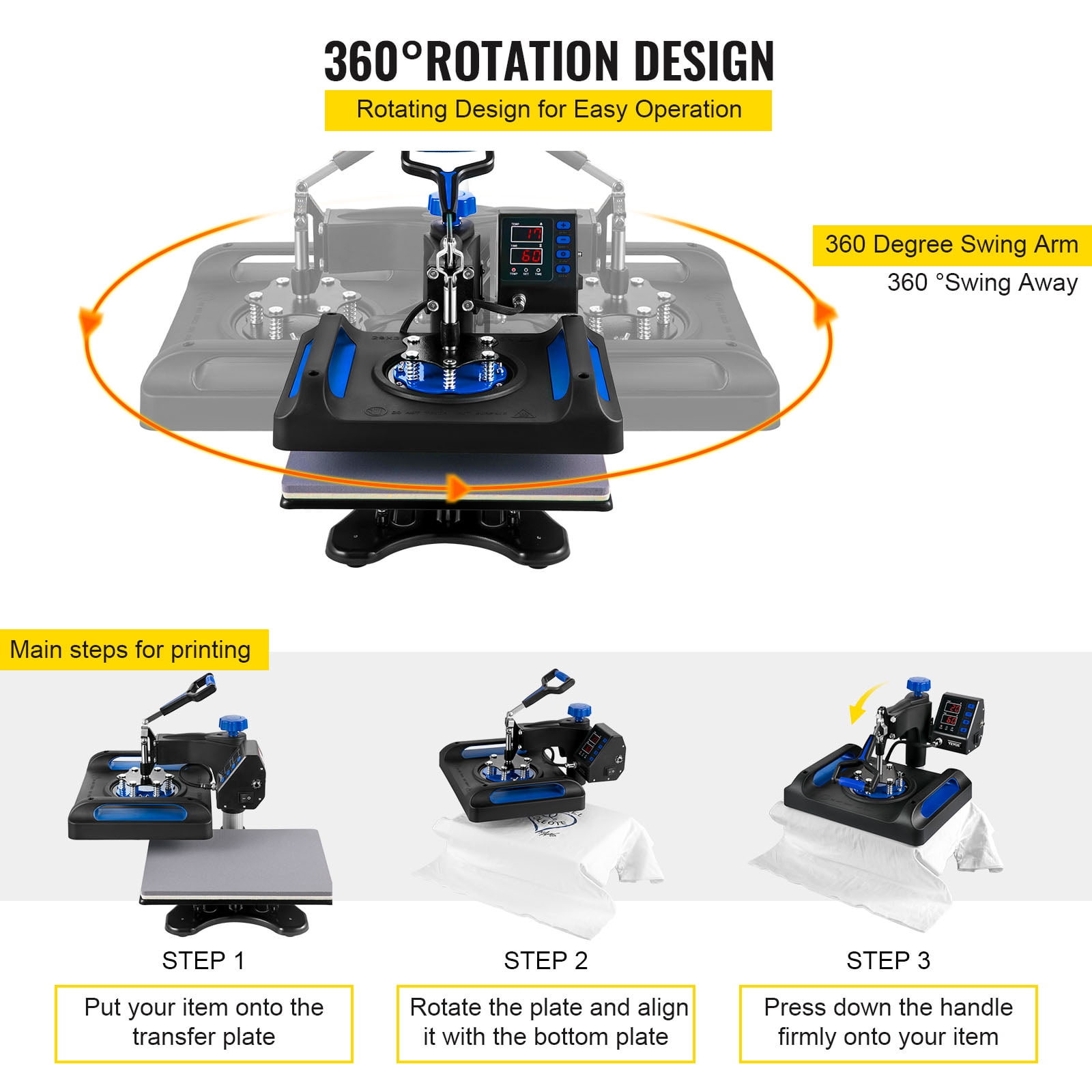 BENTISM Heat Press Machine 8 in 1,12" x 15" Dual-Tube Heating Press Sublimation Machine 360° Rotation Swing Away T-Shirt Printing Machine Dual-Tube Heating for DIY T-Shirts Cap & Mugs Blue