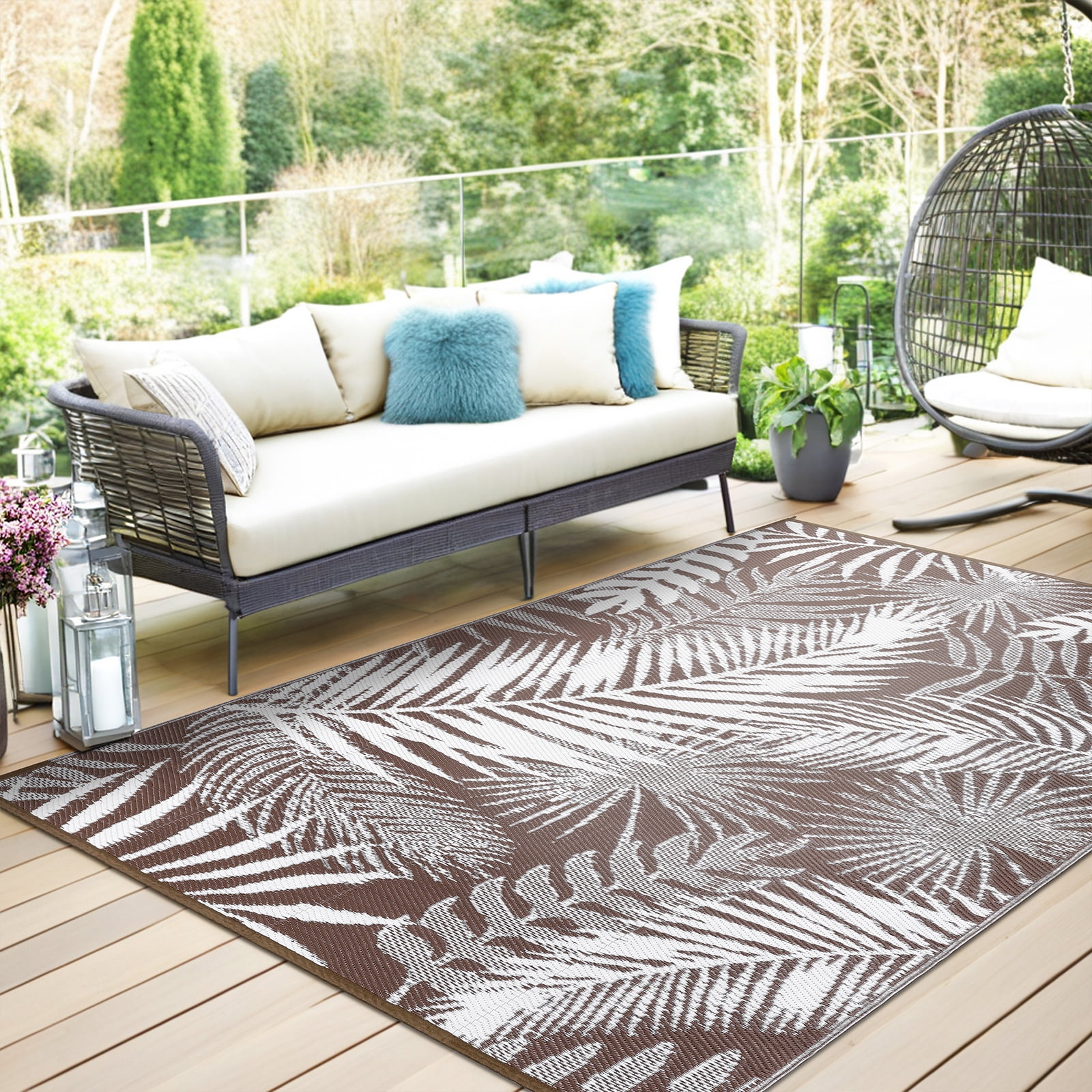MeyJey Outdoor Rug, 8'x10' Reversible Waterproof Area Rug, Plastic Mat for RV Patio Camping, Brown