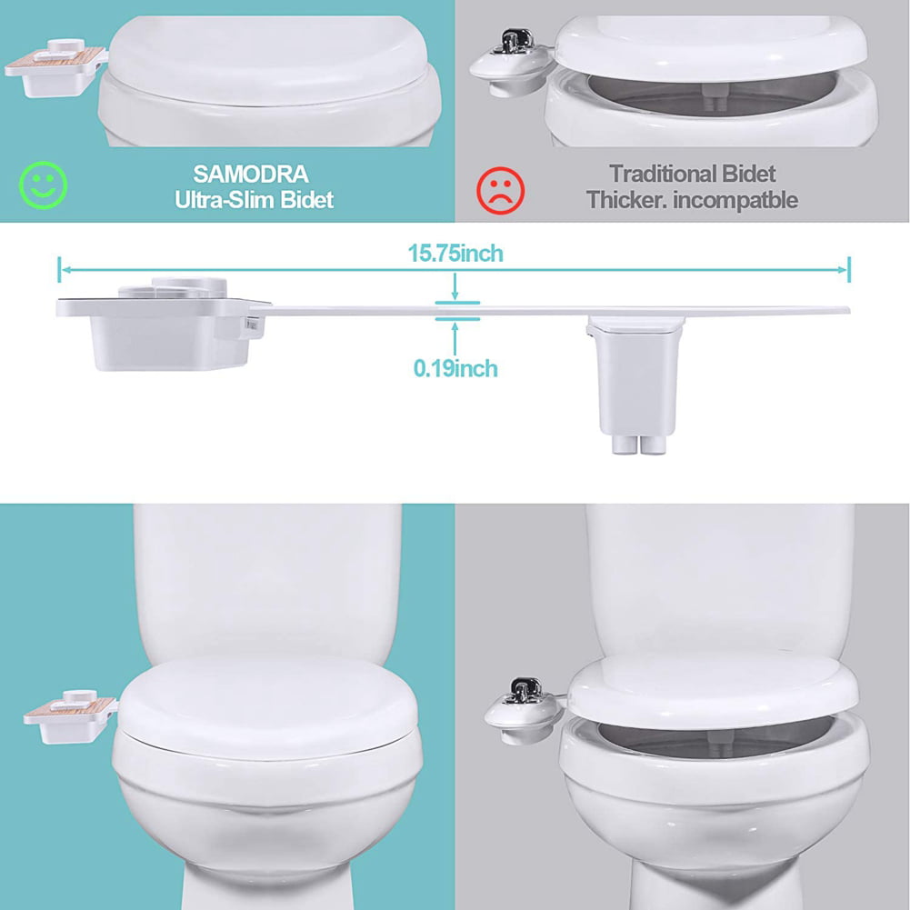 Toilet Seat Ultra Thin Non-Electric Mechanical Bidet Attachment Dual Nozzle Slim 