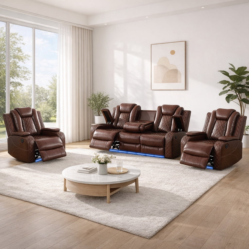 Gewnee 3-Seat Power Adjustable Sofa with 2 Recliners, Console & Cup Holders, Air Leather, Adjustable Recline, Ideal for Living Room,Brown