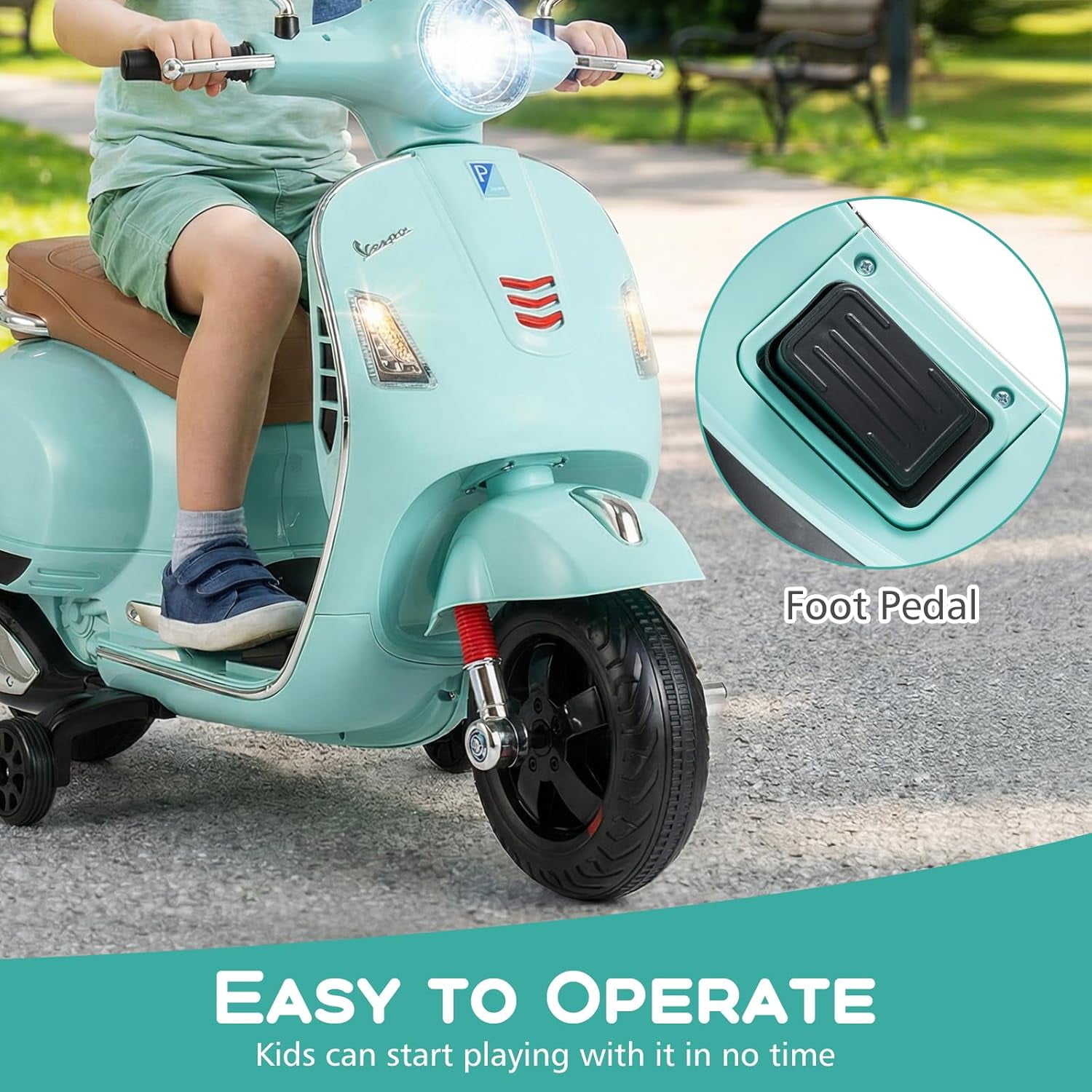 Licensed Vespa 12V Kids Motorcycle by OLAKIDS with Training Wheels, Music, Story, Horn, Lights for 3-6 Years
