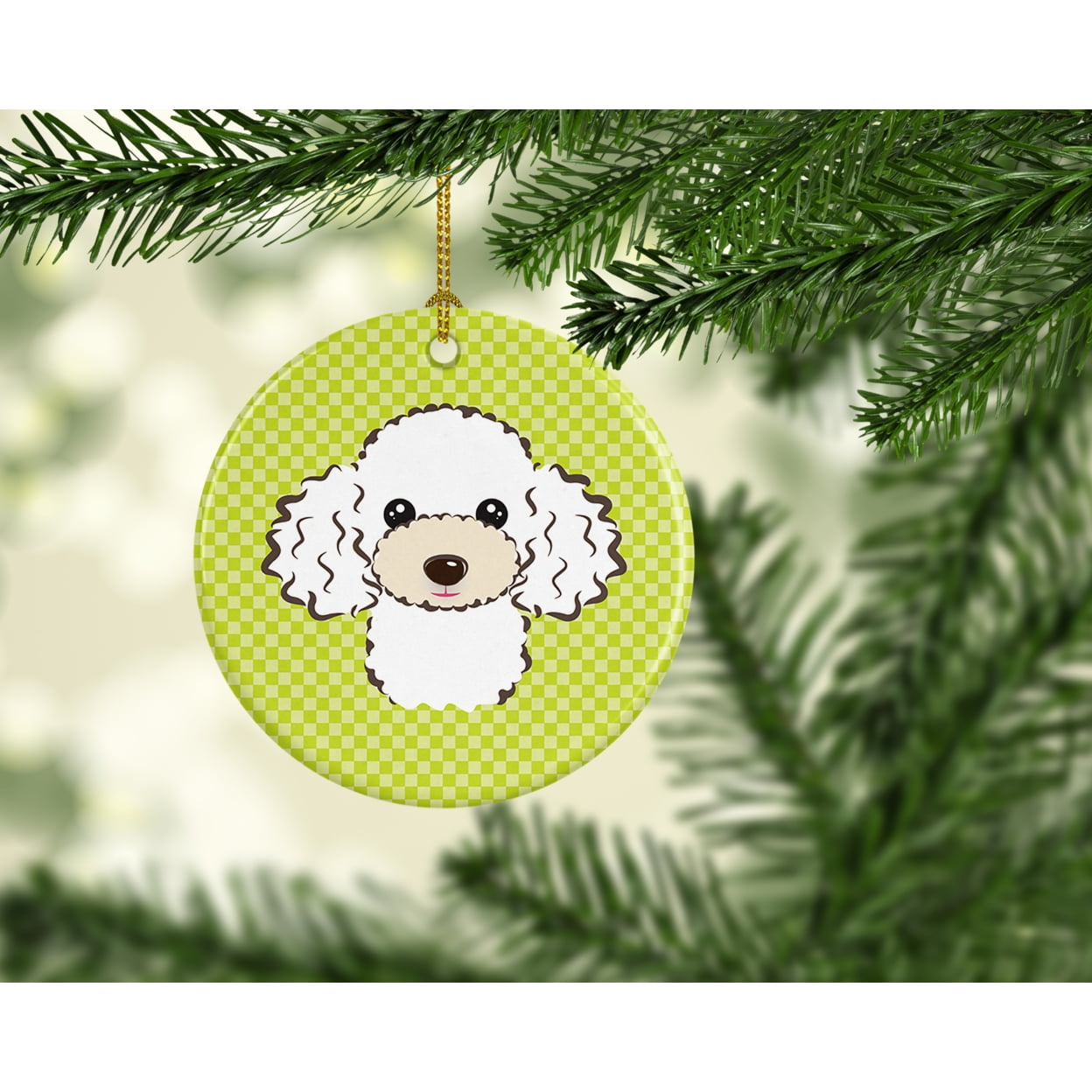 Carolines Treasures BB1319CO1 Checkerboard Lime Green White Poodle Ceramic Ornament 3 in multicolor