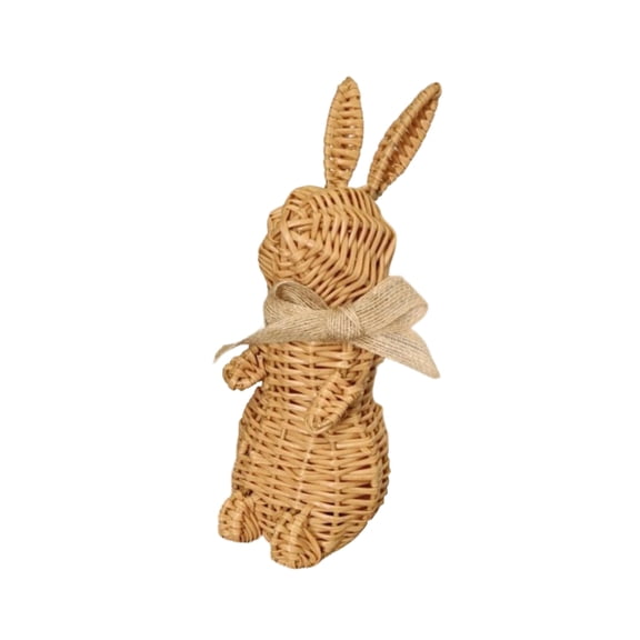 Easter Wicker Bunny Tabletop Decor - 9.84" Rattan Rabbit Statue with Burlap Bow, Hand-Woven Spring Figurine for Home Shelf Mantel Party Decoration (A)