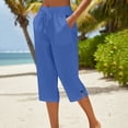 thumbnail image 2 of Capris For Women With Pockets Cotton Loose Fit Straight Leg Drawstring Elastic Waist Cropped Pant Casual Summer Linen Clothes Royal Blue 2XL, 2 of 7