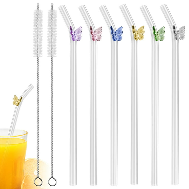 5/6Pcs Reusable Drinking Straws Clear Glass Drinking Staws with Cleaning  Brush Cute Butterfly Heat-Resistant