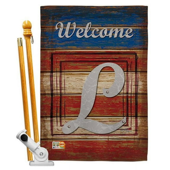 Breeze Decor BD-PA-HS-130116-IP-BO-D-US14-BD 28 x 40 in. Patriotic L Initial Americana Impressions Decorative Vertical Double Sided House Flag Set & Pole Bracket Hardware