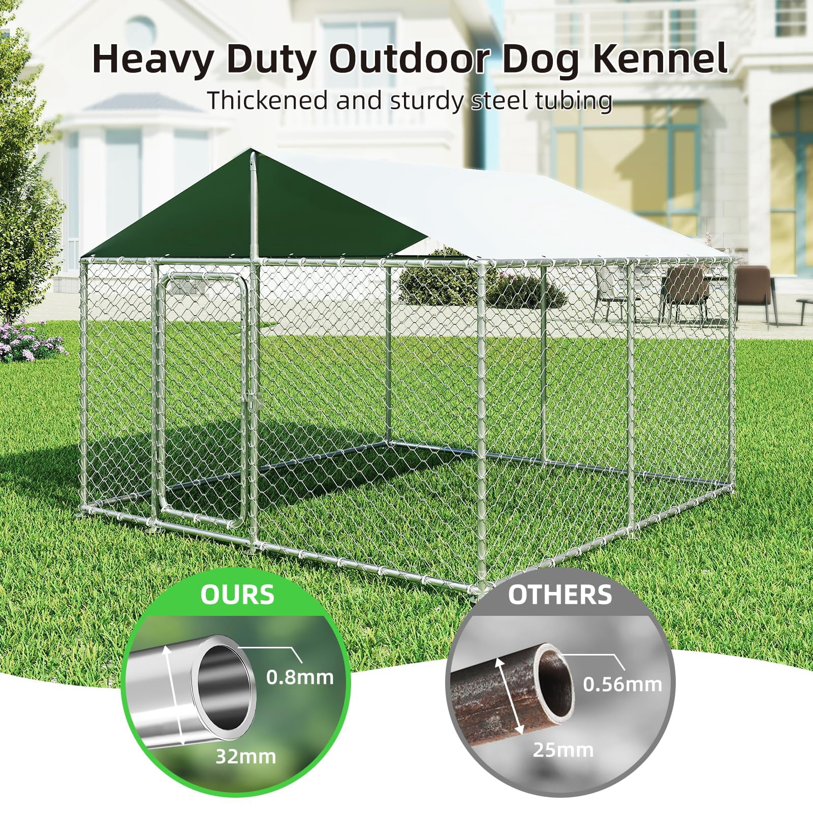 Heavy Duty Outdoor Dog Kennel 7.8x7.8FT Large Metal Enclosure with Waterproof Cover, Secure Lock for Pets, Durable Galvanized Frame, Silvery