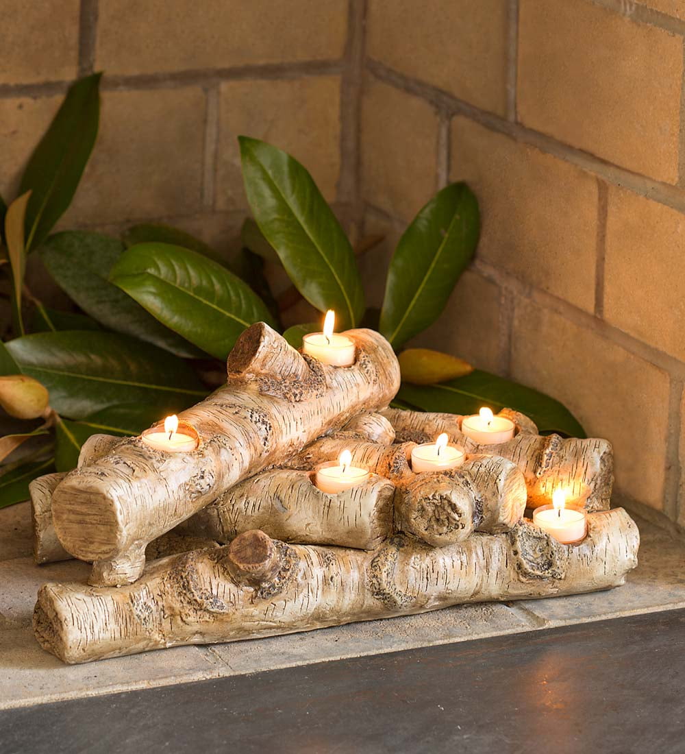 Elegant Logs Fireplace/Hearth Candle Holder, Oak
