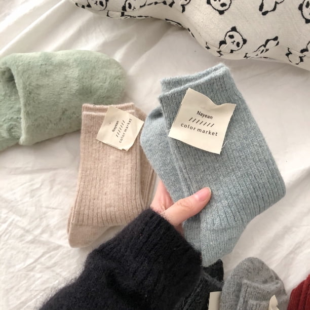 Calcetines de mujer de lana elástica suave con rayas verticales enceradas y doble aguja para otoño e invierno con calcetines de lana engrosados