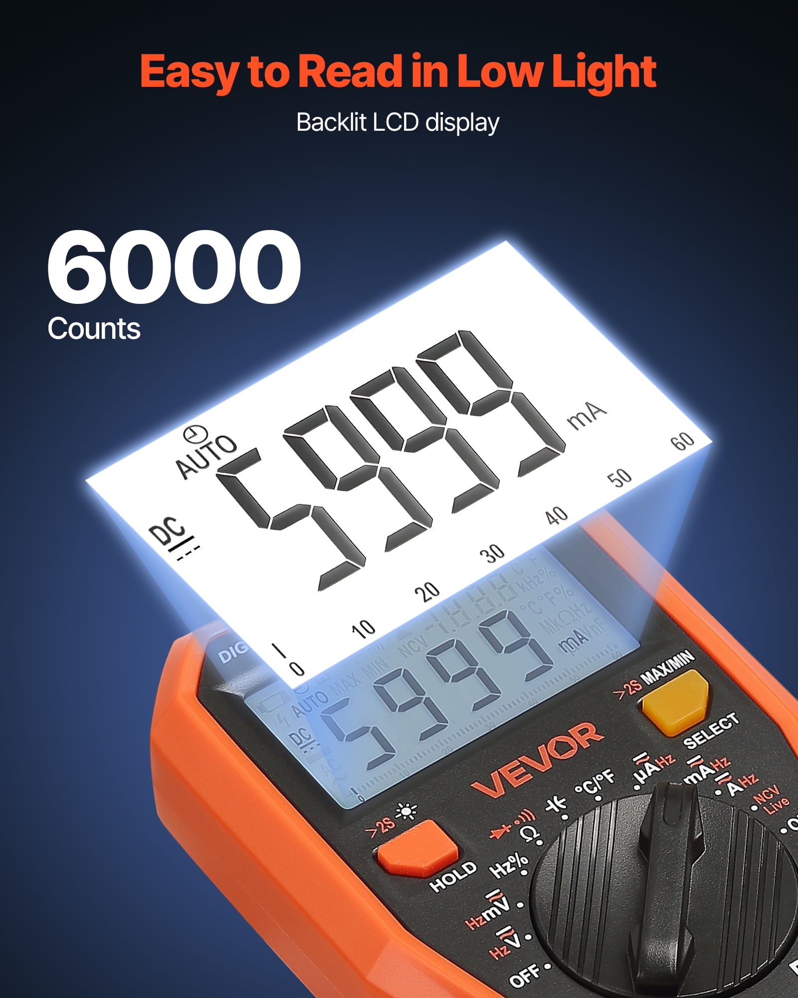 VEVOR Digital Multimeter,6000-Count TRMS DC/AC Voltmeter Current Tester,Professional NCV Multimeter for Current Voltage Resistance Capacitance Duty-Cycle Tempetature Diodes Continuity Live Wire Test